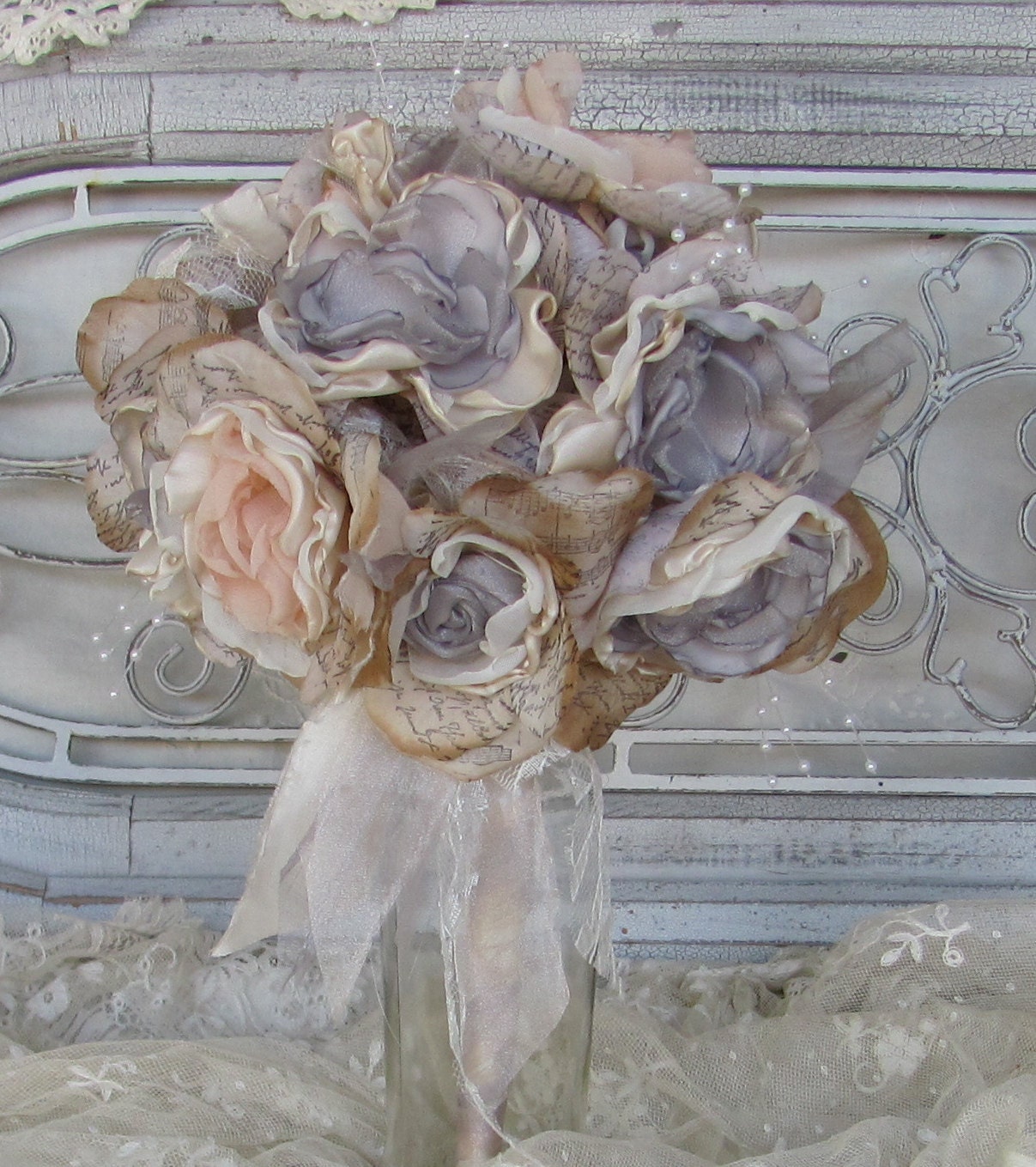 Wedding Fabric Flower Bouquet Vintage Inspired Custom Order any color