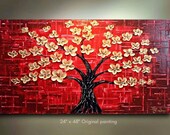 ORIGINAL Red Tree Painting 48x24 Gold blossom Impasto Landscape Artwork Treescape Textured  Modern Contemporary art Made to Order by OTO