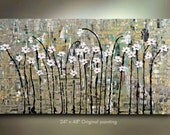 ORIGINAL White Flower Painting 48x24 Abstract Landscape Artwork Flowerscape Heavy Textured Modern Contemporary art Made to Order by OTO