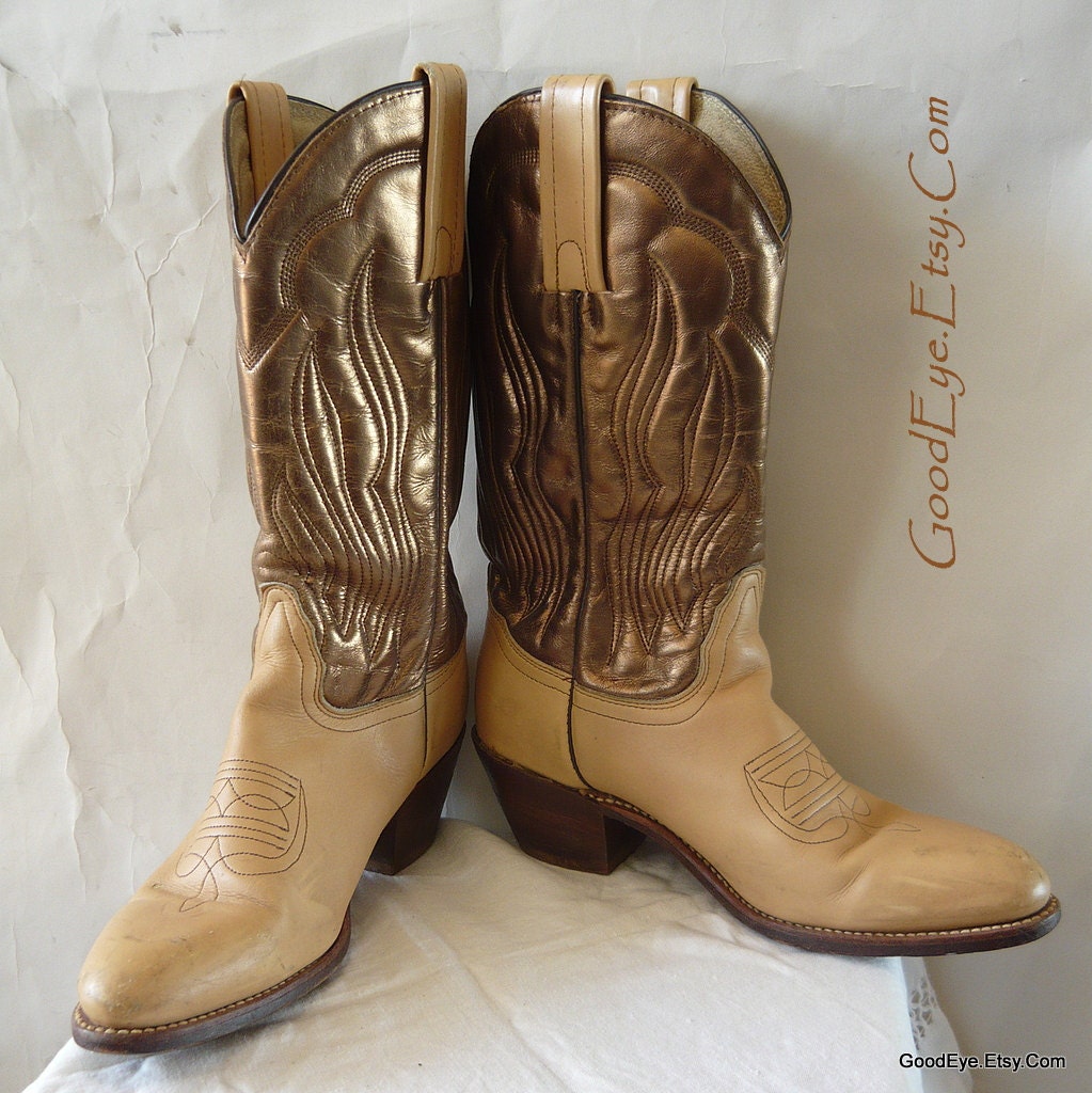 FRYE Western Boots 8 .5 Eu 39 UK 6 Flame Stitched Leather Mens sz 7 Gold Tan Narrow Width