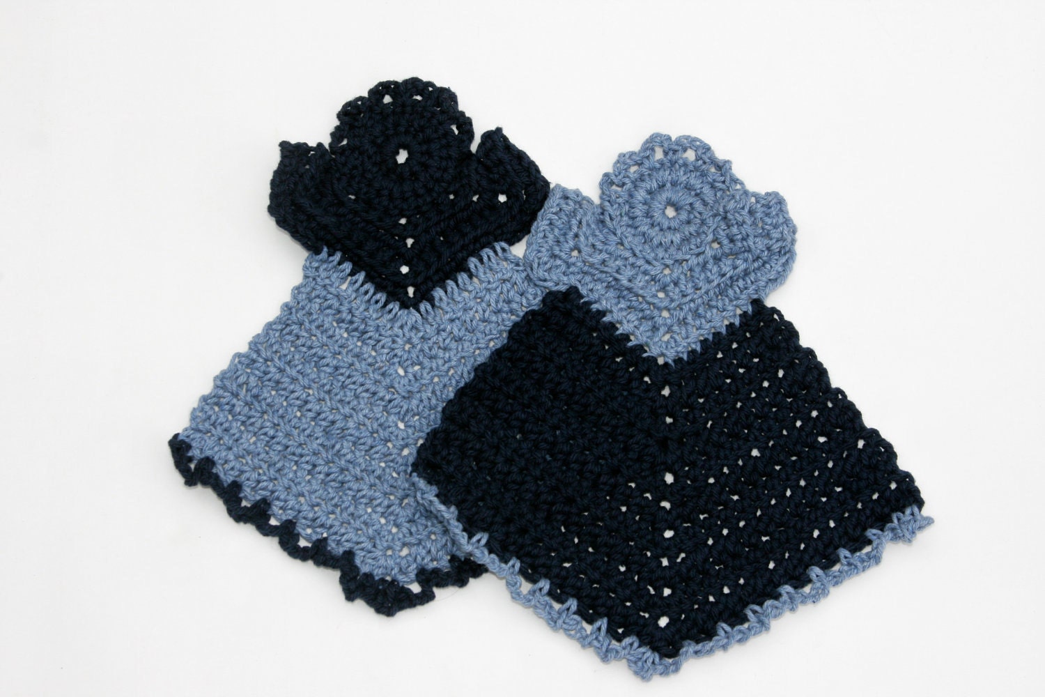 Dishcloth Angel gift set doily crocheted in blue and navy 100 percent cotton yarn eco friendly