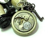 Steampunk OOAK Vintage Pocket Watch Movement Necklace Long Vintage Key Exclusive Design By Mystic Pieces