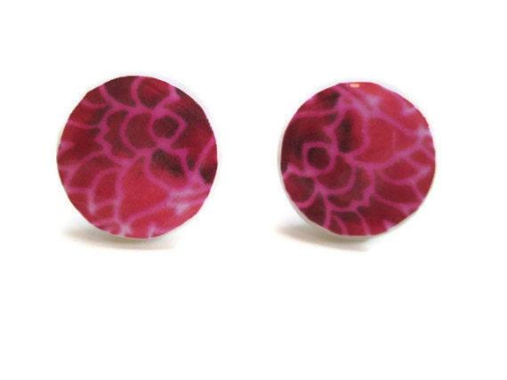 Pink Earrings Pink Purple Paper Cream Button Jewelry - molldee