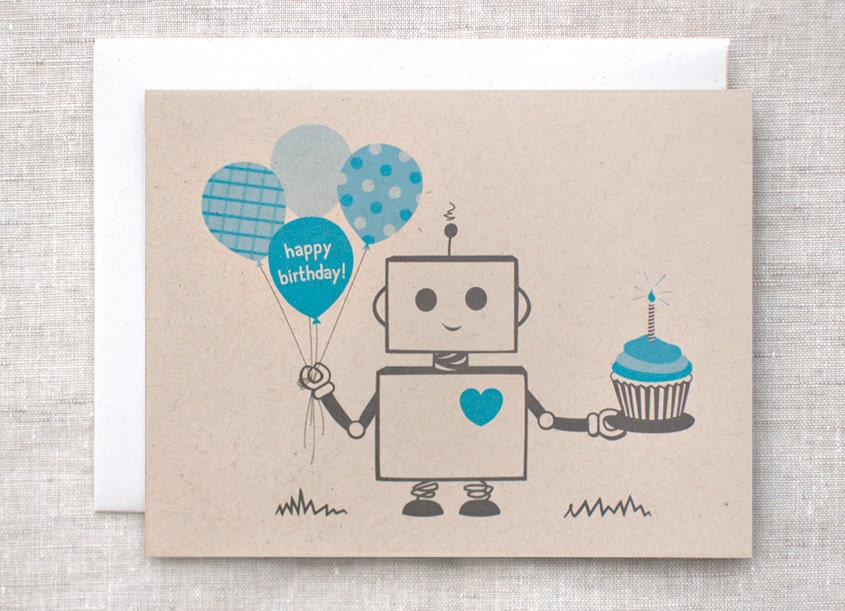 Cute Robot Birthday Card - Blue, Happy Birthday Card, Eco-friendly Card, For Boy, For Him