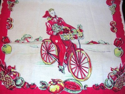Very Vintage Red Towel Girl Riding Bike with Basket of Fruit 16" X 26" - linenslaceandlattes