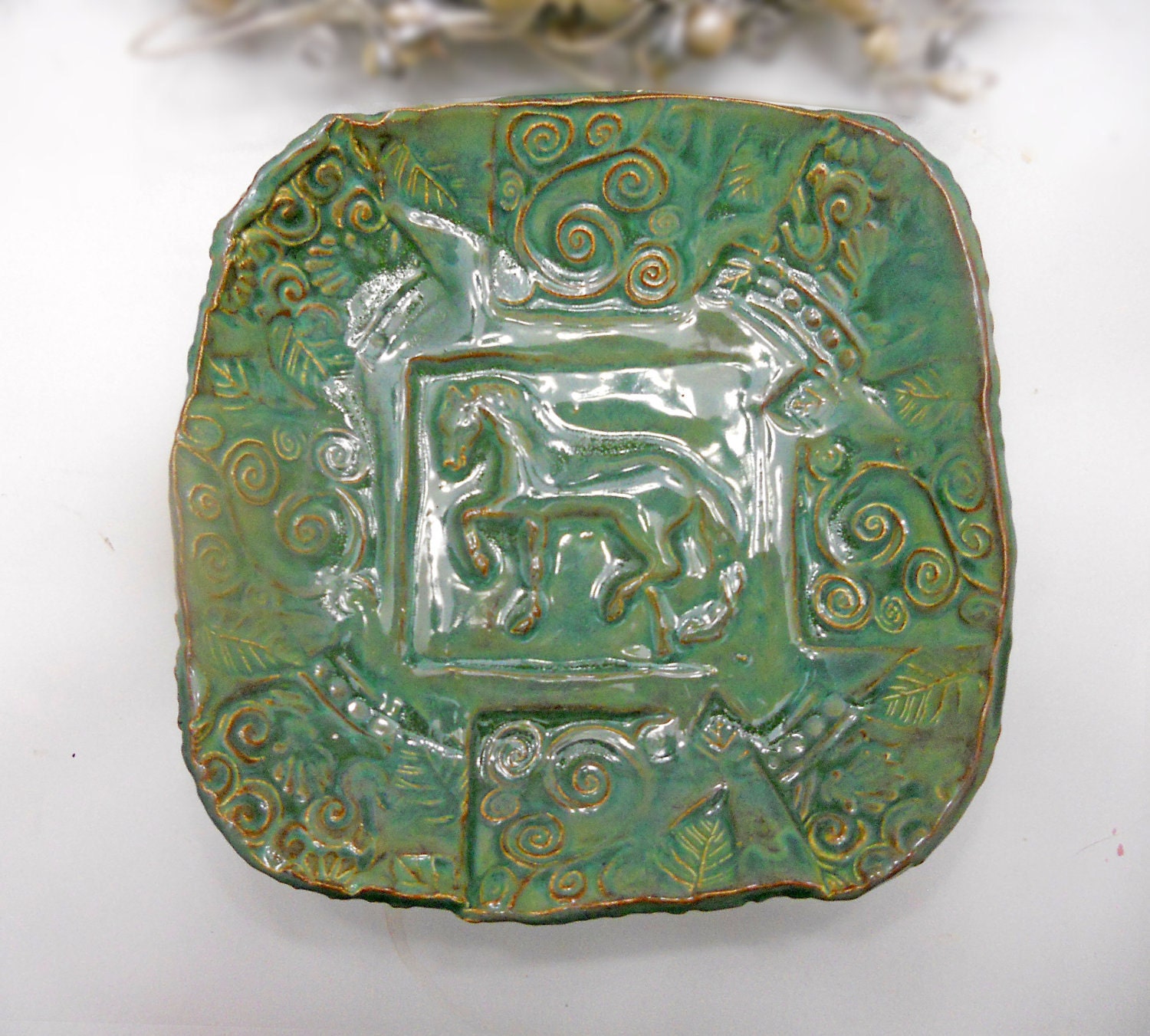 Horse Bowl Green Serving Plate Handmade Pottery glazed in Jade Green