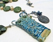 French Inspired Mixed Media Statement Necklace - Blues and Greens