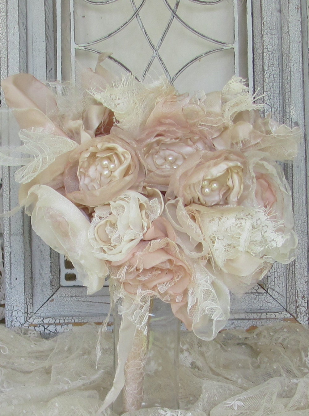 Bridal Fabric Flower Bouquet  Champagne and Ivory Custom Order any color
