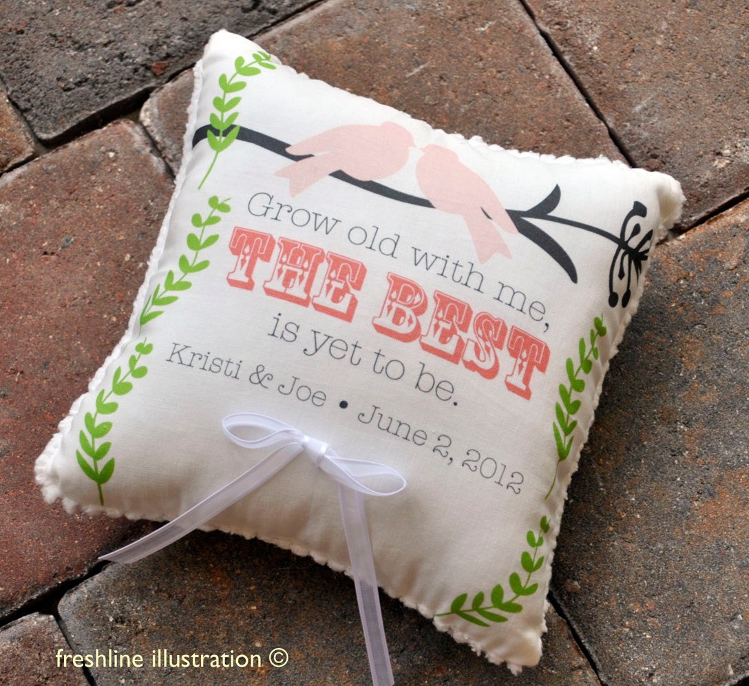 Custom Ring Pillow - Love Birds - Personalized with Your Names and Wedding Date