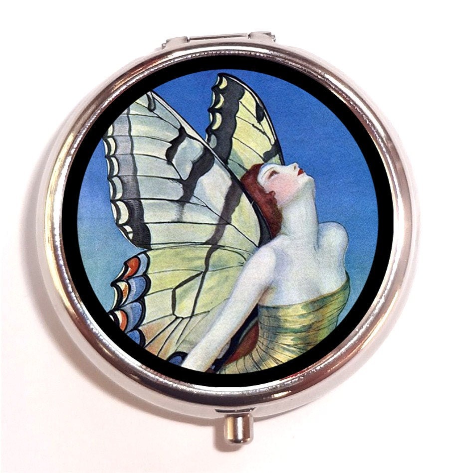 Art Nouveau Art Deco Flapper Butterfly Woman on Blue Pill Box Pillbox Case Trinket Box Vitamin Holder
