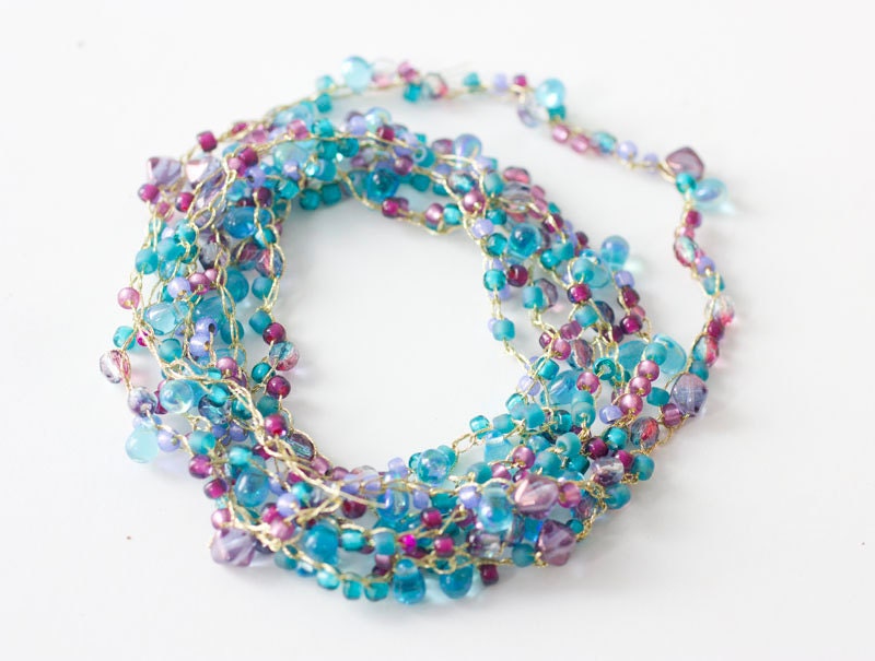 Beaded  Wrap Necklace, Bracelet, Anklet, Boho Jewelry, Crochet Jewelry, Summer Fashion, Turquoise, Purple