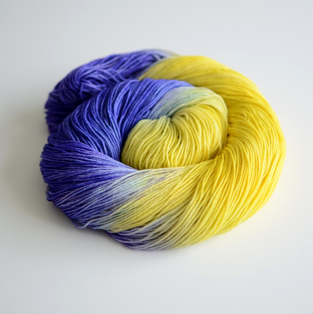 Self Striping Sock Yarn - Hand Dyed Fingering Yarn - Superwash Merino / Nylon - 463 yards - Maleficent in Indigo Blue Purple and Yellow