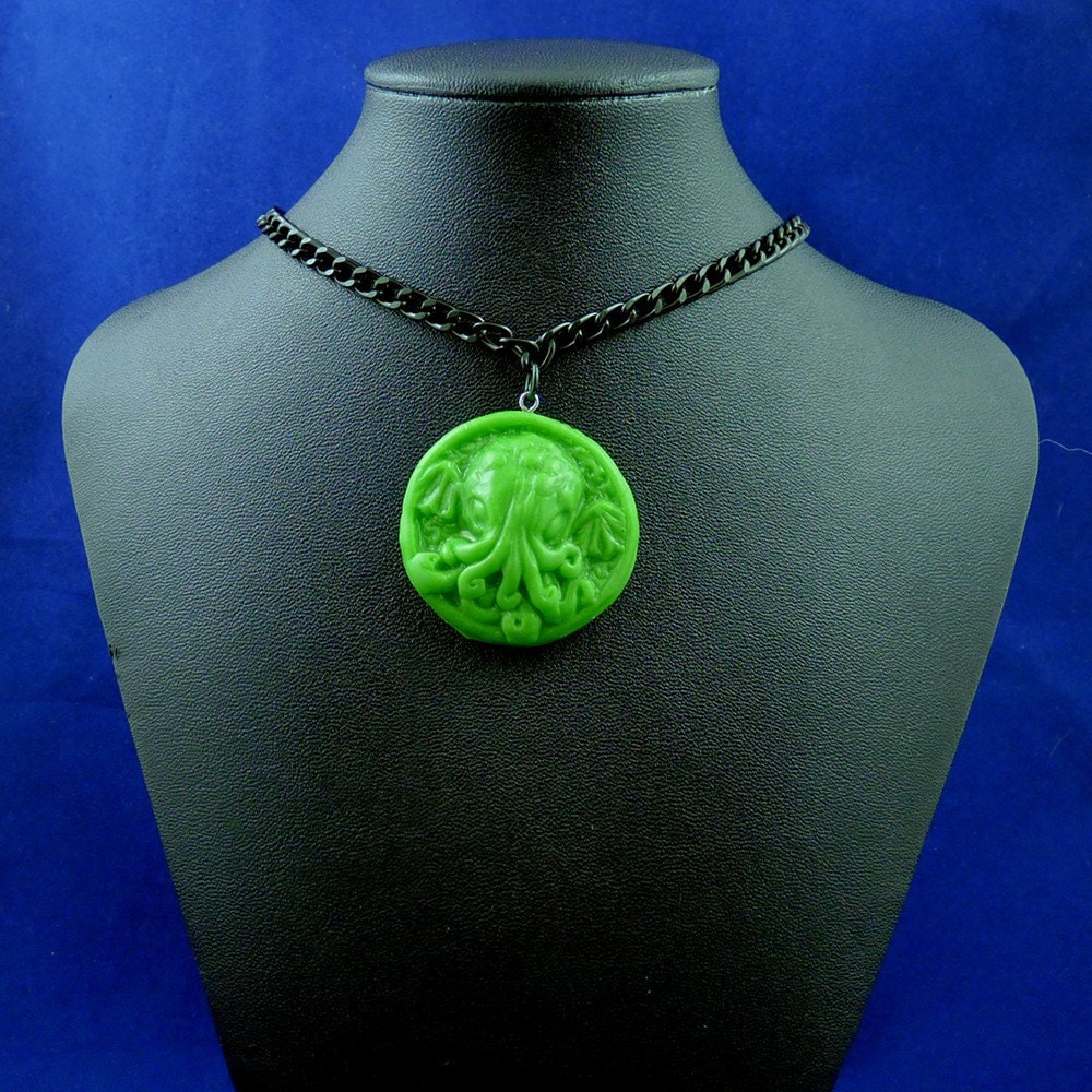 Bright Green Small Cthulhu Cameo Necklace with Chain - Handmade Polymer Clay Jewelry