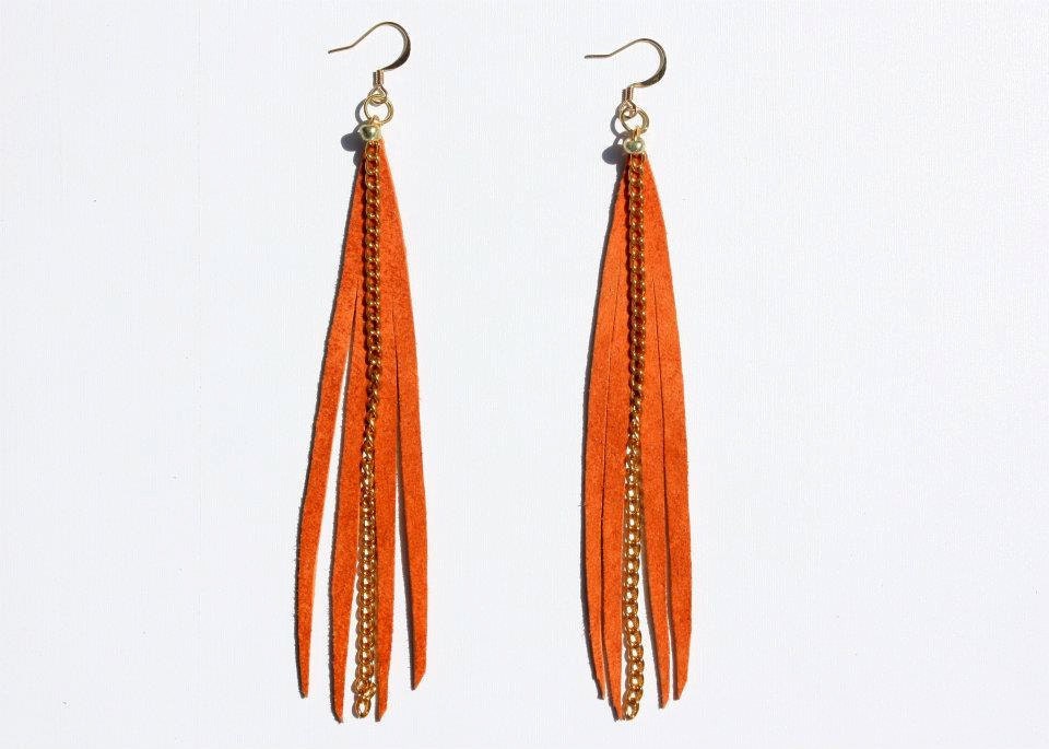 Vibrant Tangerine Orange Suede Fringe Earrings w/ Gold Chain Accents and Gold Plated Ear Wires - AMZeager