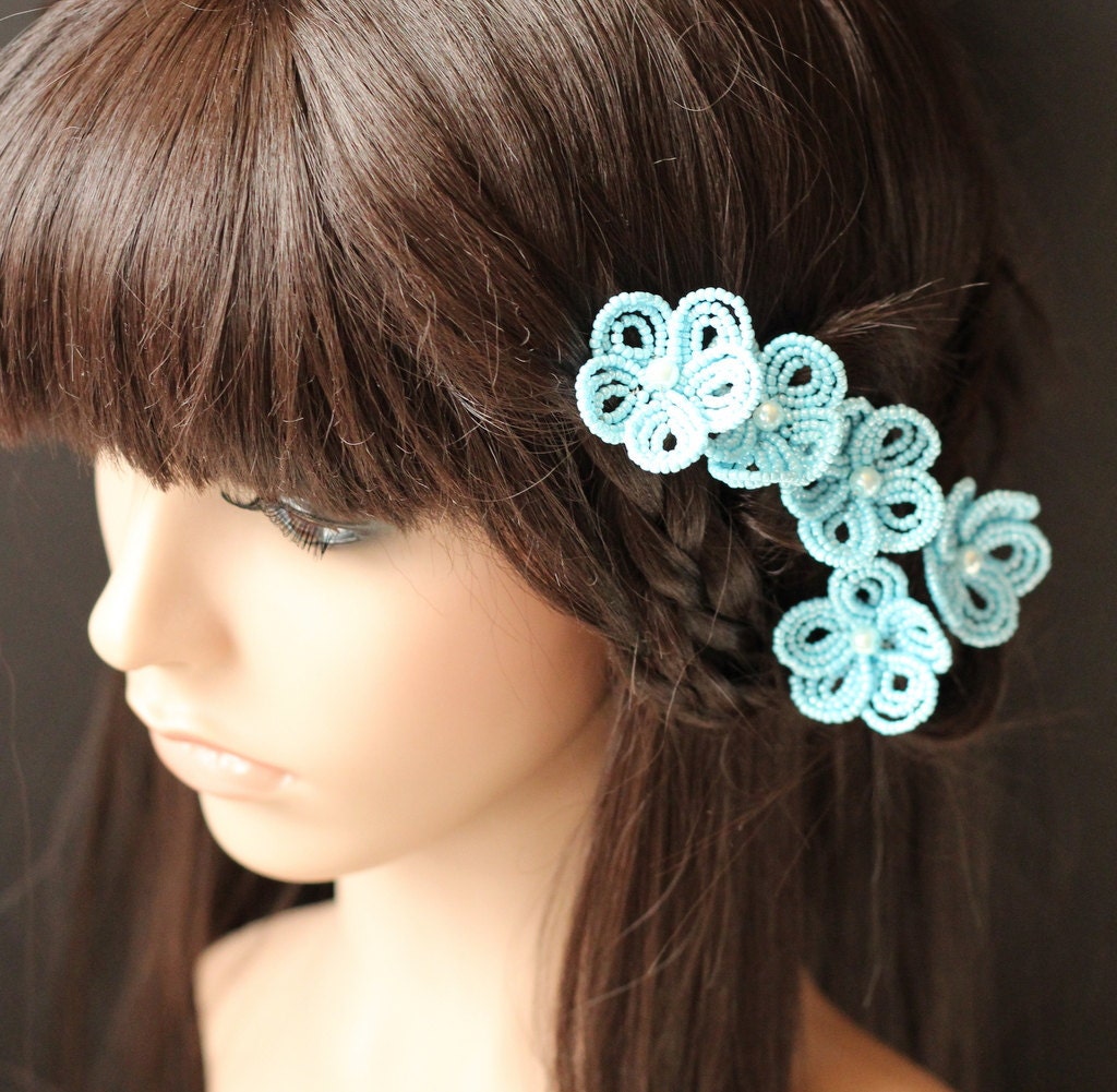 Triffany Blue  - French Beaded Flower Hair Pins - eillie00