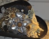 Woman Steampunk Hat--Victorian--Ready To Ship--- One Of A Kind--Small Black Hat--Blue and Ivory Lace--Bronze--Silver--Metal Decor