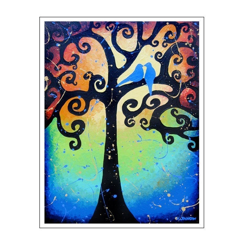 RESERVED. Tree of Life Blue Bird Art Print  - Whimsical Art - Love and Romance - 10x13 Signed