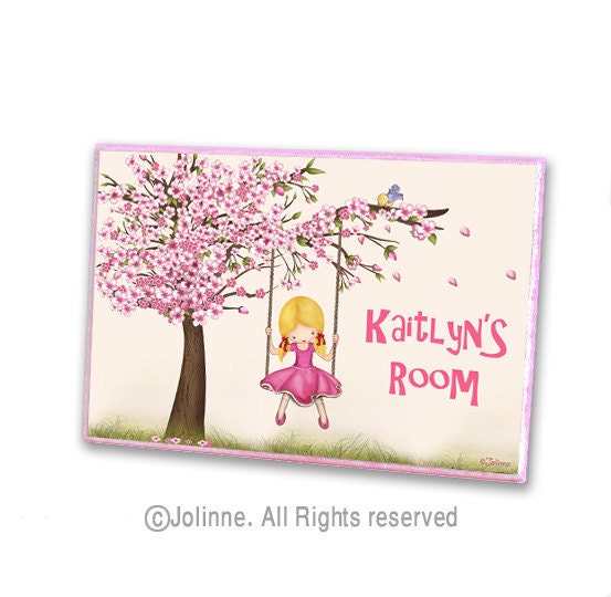 Personalized girls sign, cherry blossom tree art, girl on a swing custom name, baby nursery room sign, baby shower gift