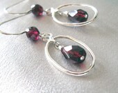 Garnet Gemstone Earrings in Oval Hoops Sterling Silver