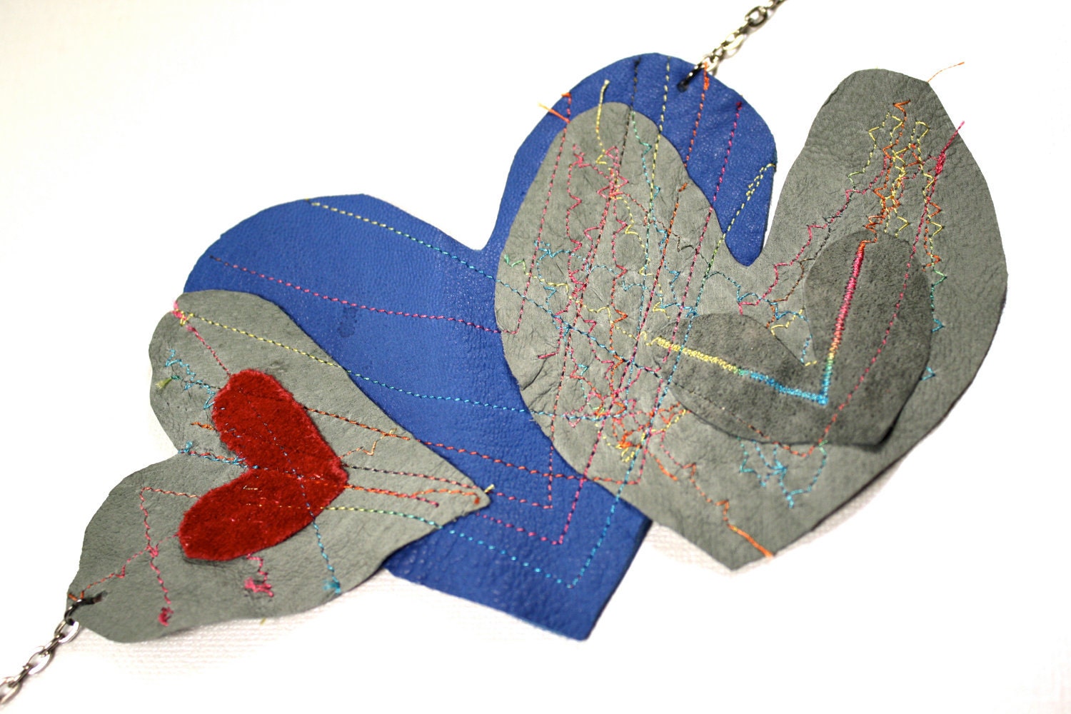 Patch Work Necklace with Genuine Leather on Silver Chain Fashion Gift under 50 Colorful One of a Kind Hipster