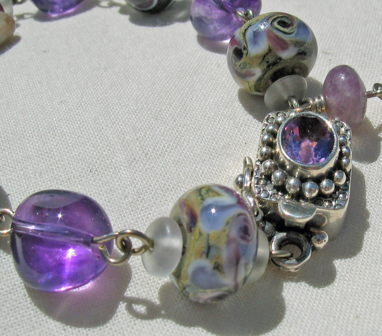Coral Agate, Lampwork and purple Amethyst Bracelet