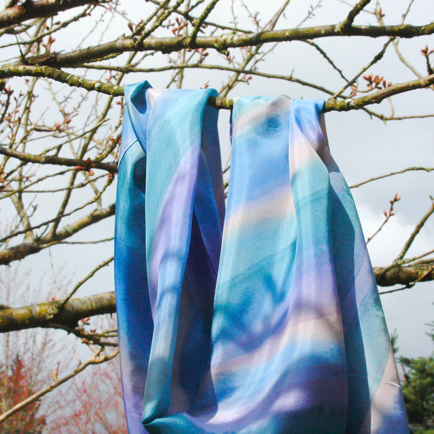 Silk Scarf Hand Painted in Blue, Turquoise, Green and Purple