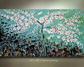 ORIGINAL Abstract Tree Painting Flower Copper White blossom Impasto Landscape Artwork Treescape Textured 48x24 Modern art by OTO