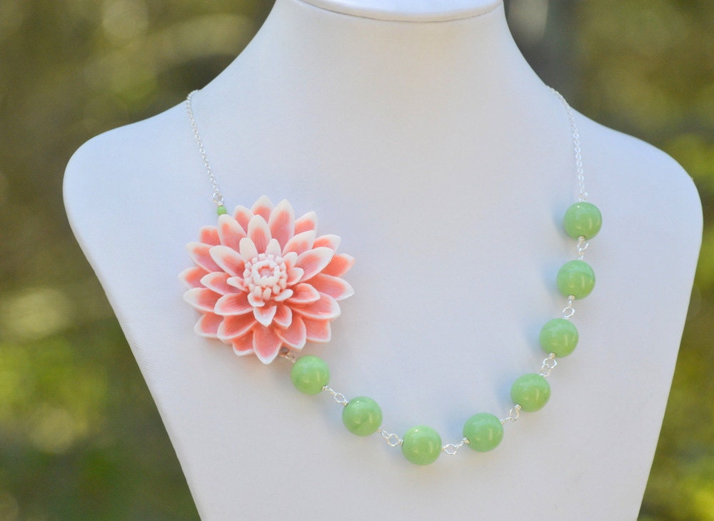 Large Pink and White Flower Chunky Asymmetrical Necklace with Soft Green Glass Beads. Asymmetrical Statement Necklace.