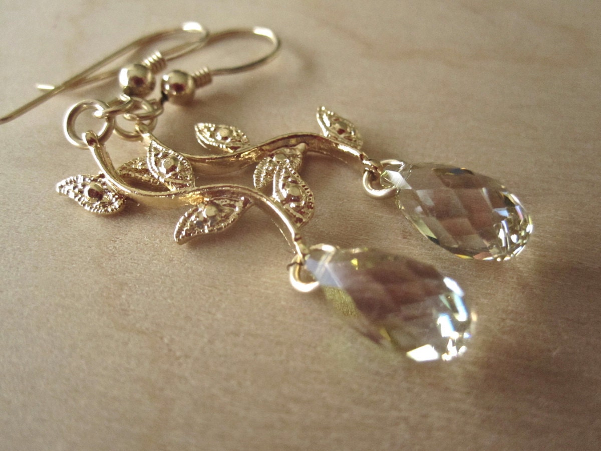 Luminous Crystal Green Briolette Gold Dangle Earrings
