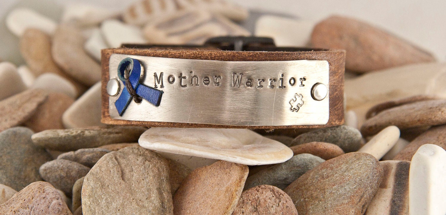 Mother Warrior,  autism awareness leather custom cuff, blue ribbon