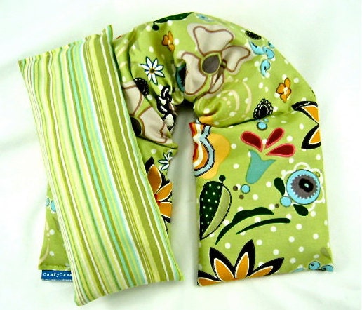 Neck Shoulder Heat Wrap Eye Pillow Set Hot/Cold Therapy Organic Flaxseed Rice Lavender Scented Vintage Groove Green Floral