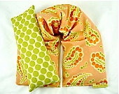 Neck Shoulder Heat Wrap Eye Pillow Set Organic Flaxseed Rice Lavender Scented Spring Colors Paisley Peach Lime Orange