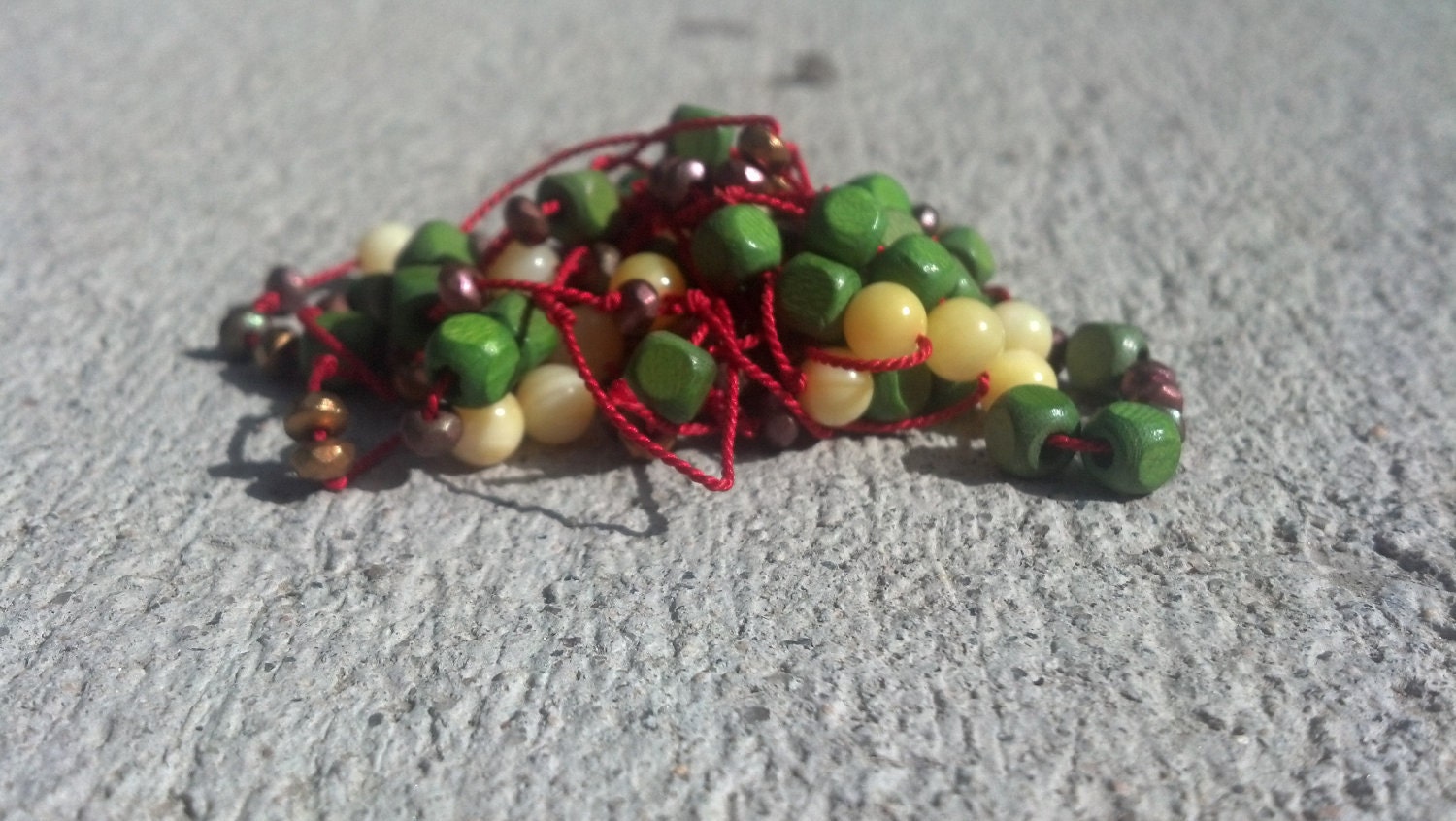 Long Bead BEaded Necklace Bracelet Wrap Strand in Red Silk with metallic rondels, green wood cubes and lemon yellow rounds