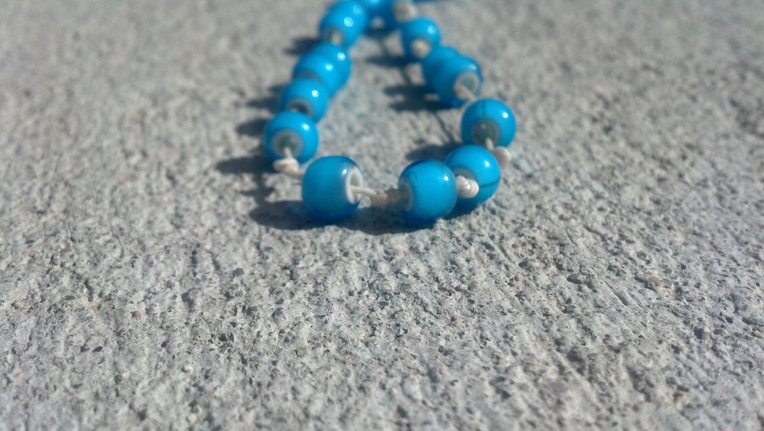 Anklet Aqua White Heart Beads on Cream Waxed Linen