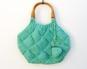 mint tote bag - knitted in cotton with rattan handles