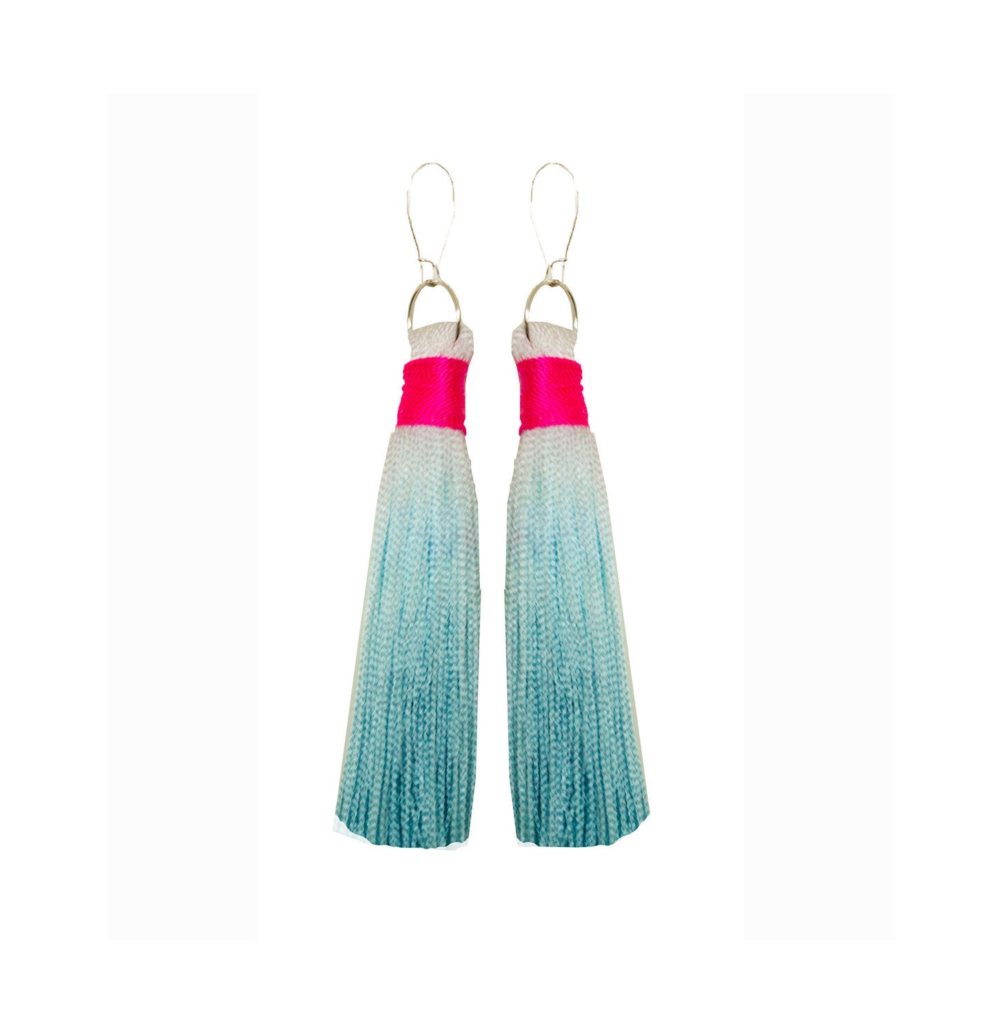 Mini fringe tassel earrings in dip dyed teal and hot pink
