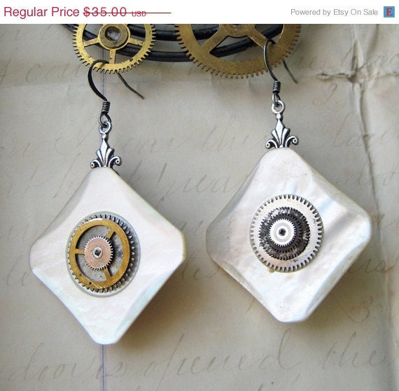 20% off EVERYTHING Art Nouveau Silver Steampunk Antique earrings Mother of Pearl button vintage pocket watch parts
