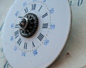 20% off EVERYTHING Steampunk Brooch Antique Pocket Watch Parts INDUSTRIAL pin gears wheels blue numbers