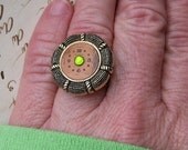 20% off EVERYTHING Steampunk Ring copper watch parts VINTAGE retro antique lime green jewel adjustable