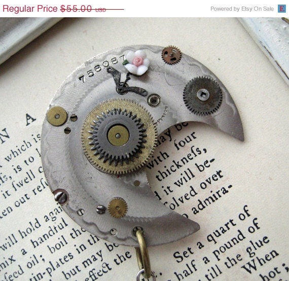 20% off EVERYTHING Steampunk Jewelry silver moon Brooch RHINESTONES antique watch parts flower pin rose