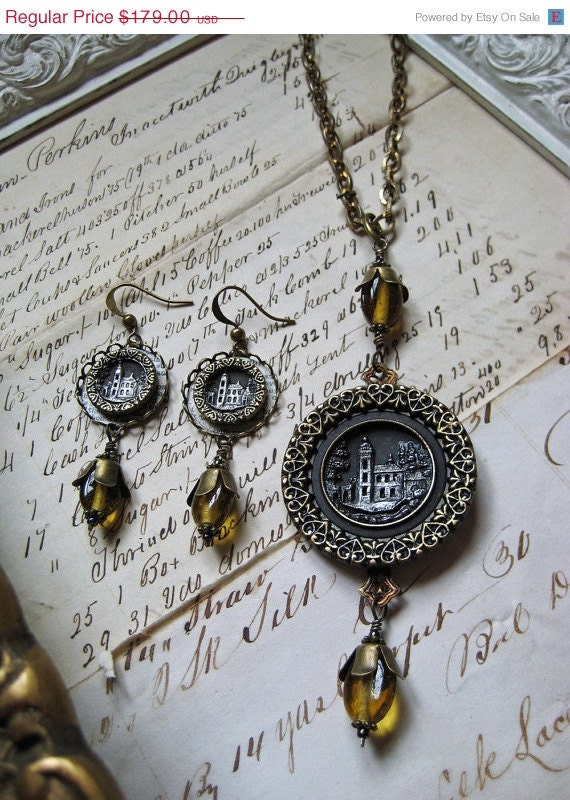 20% off EVERYTHING GORGEOUS Antique Victorian Castle Picture Button necklace and earrings Italian Villa vintage amber glass beads Wuthering