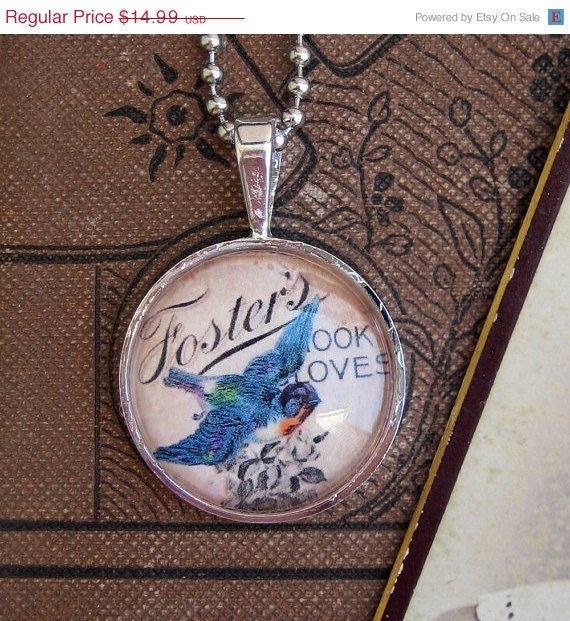20% off EVERYTHING Mothers Day Necklace Beautiful little birds silver bezel glass domes collage ephemera