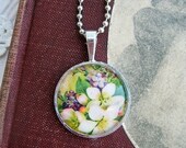 20% off EVERYTHING Mothers Day Necklace Vintage Postcard white flowers lilacs pink silver bezel glass domes collage ephemera