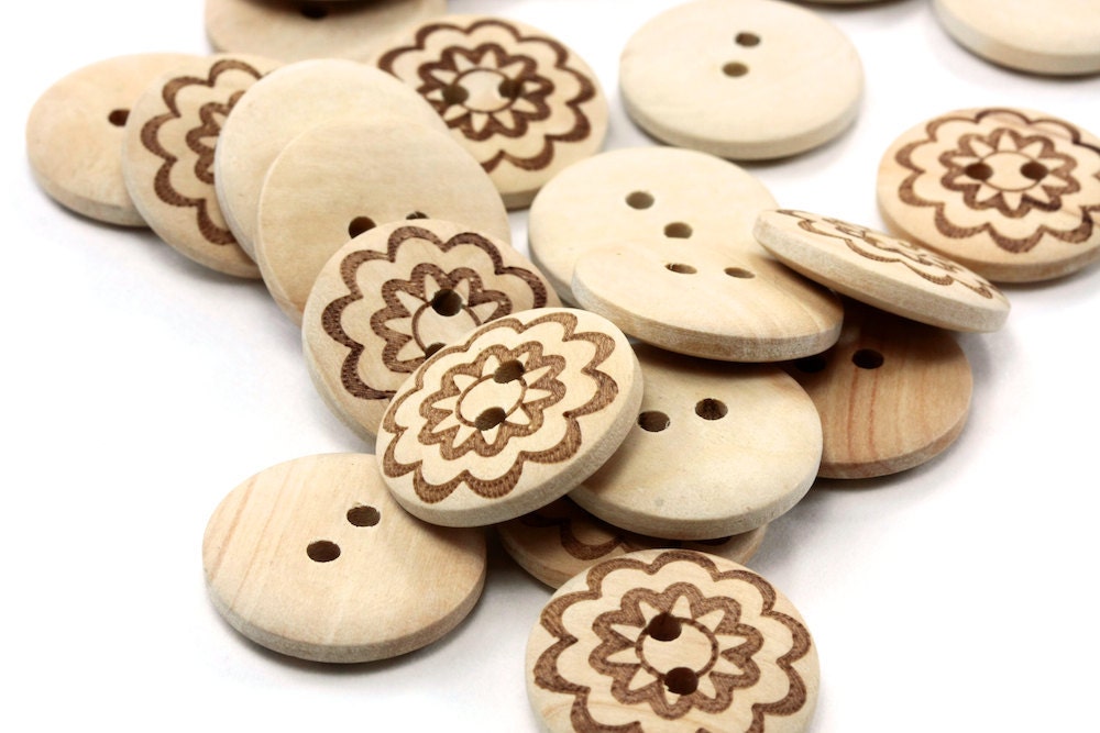 Natural Round Wood Button with Flower Print 20mm 2 holes - 10 pcs
