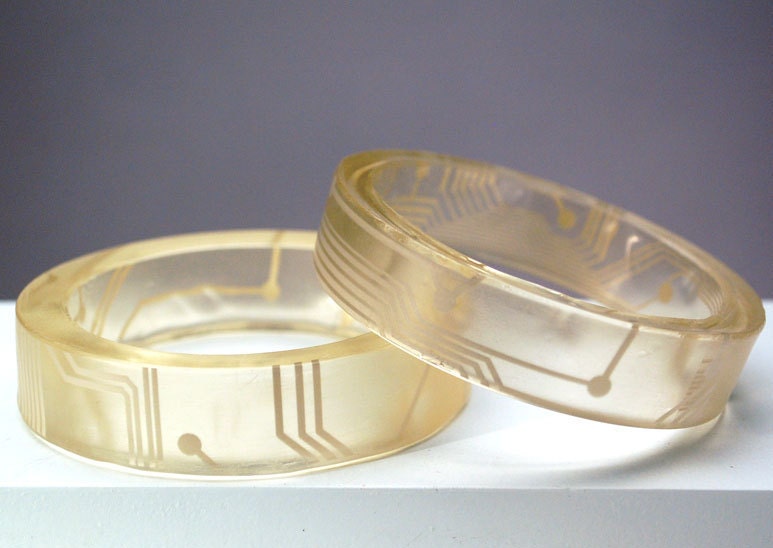 Geek Girl Bangle Bracelets - Up-cycled Golden Printed Circuit Boards in Resin (Set of two)