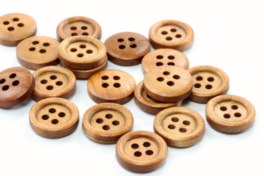 Toffee Brown Round Wood Button  15mm 4 holes - 12 pcs