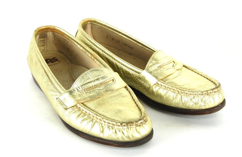 Women's Vintage  Metallic Gold Leather Penny Loafers US 8, EU 39
