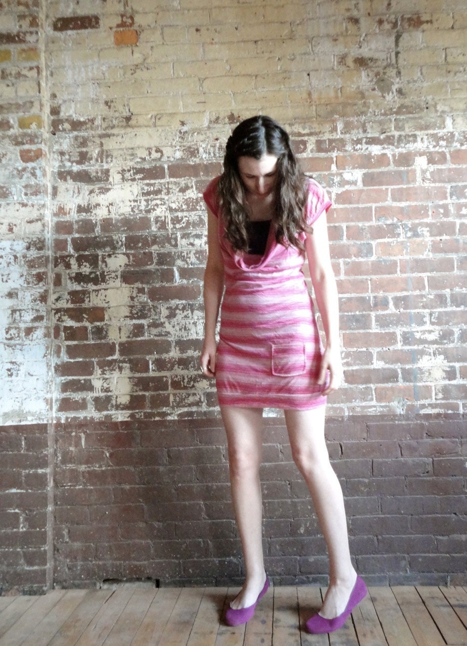 Pink and White Striped Womens Cowl Neck Dress in Medium. One of a kind // by Nicoles Threads