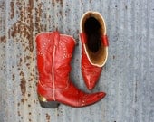 Bright Red Leather Cowboy Boots Well Worn Size 6 1/2 - dandyloveclothing