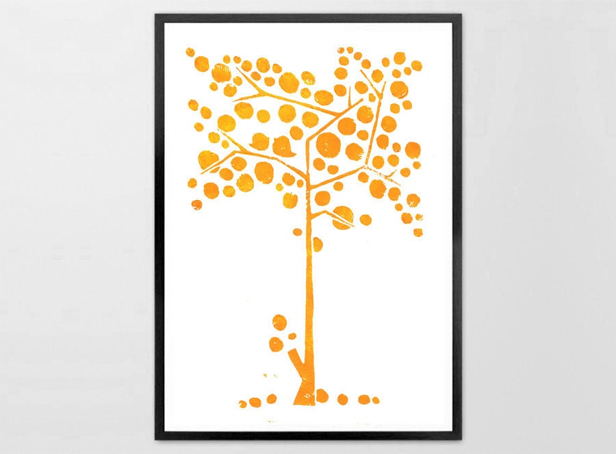 Linocut Print - The Love Birds in the Tree of Life -  Linoleum Art Print orange